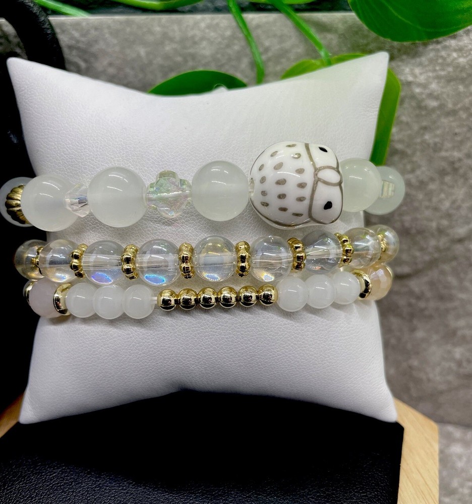 3 PC Handmade Boho Beaded Stackable 6.5” Plus Stretch Bracelet Set New B1325
