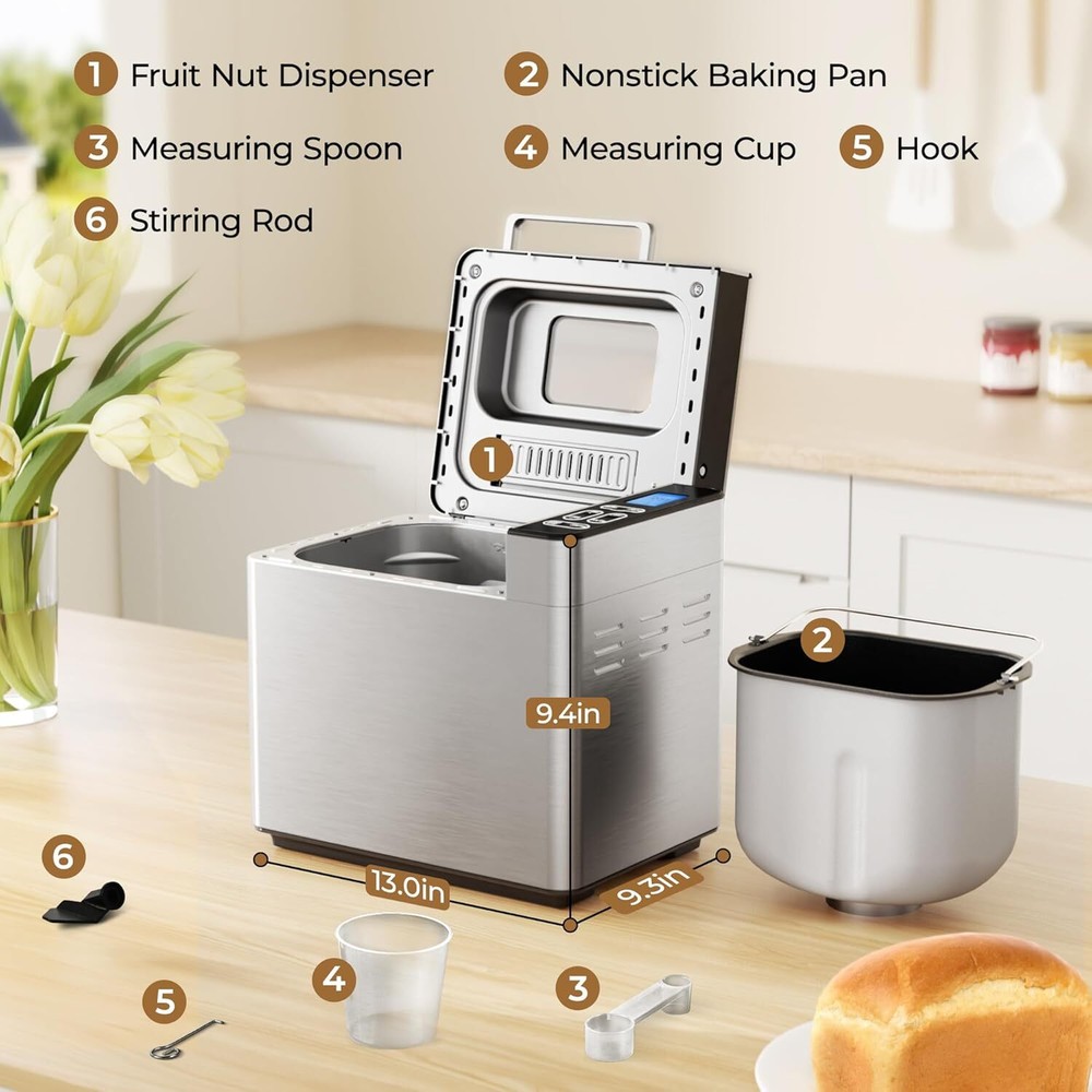 Automatic Bread Maker Gluten-Free, Dough Function, Adjustable Size Crust Setting