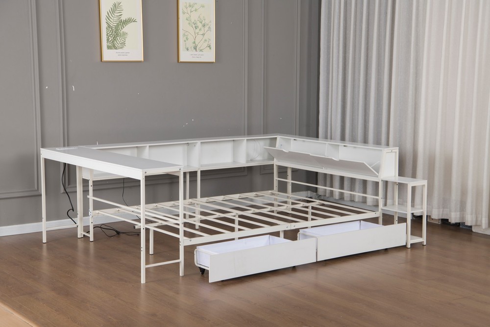 Corner Bed Frame Full Size with Bookcase and 2 Underbed Storage Drawers, Moder