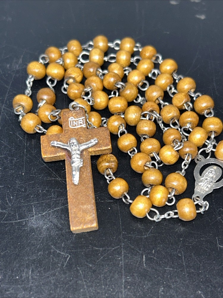 Vintage Beautiful Chestnut Brown Oval Wood Bead Rosary ITALY