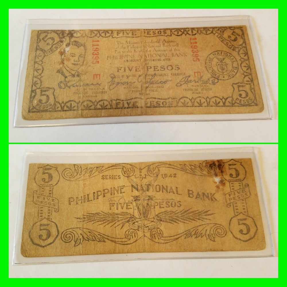 1942 Emergency Circulating Note Philippines Currency Five Pesos