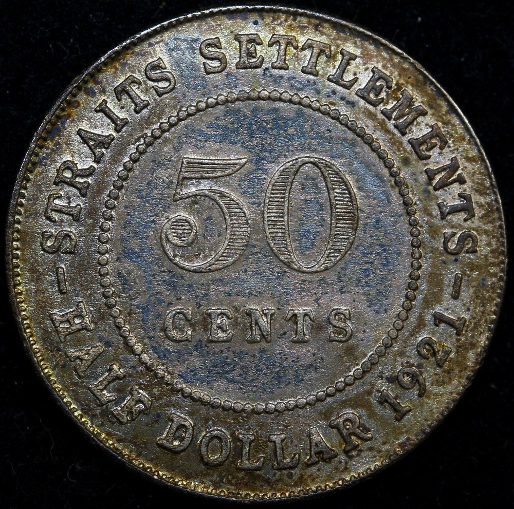 1921 Straits Settlements 50 Cents Silver Coin UNC TONED #D53