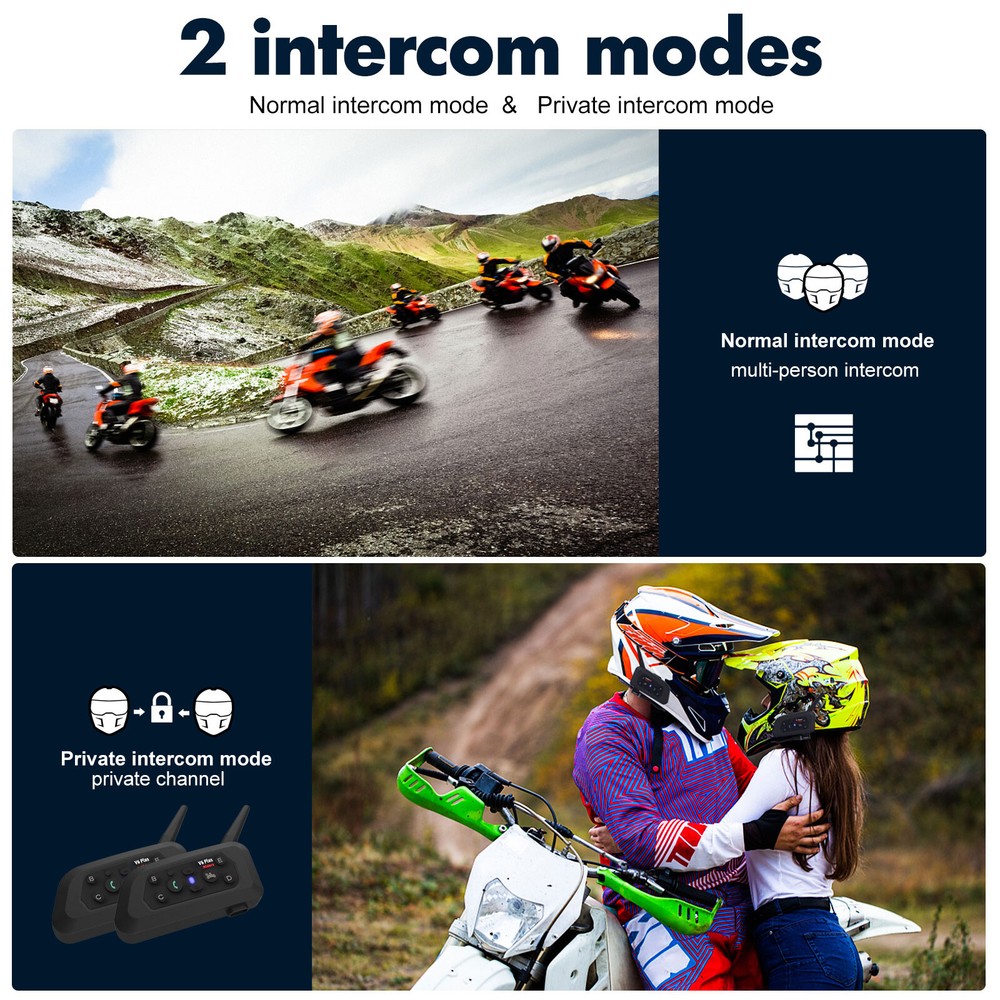 2x V6 Plus Bluetooth Motorcycle Intercom Helmet Headset 6 Riders 800m Interphone