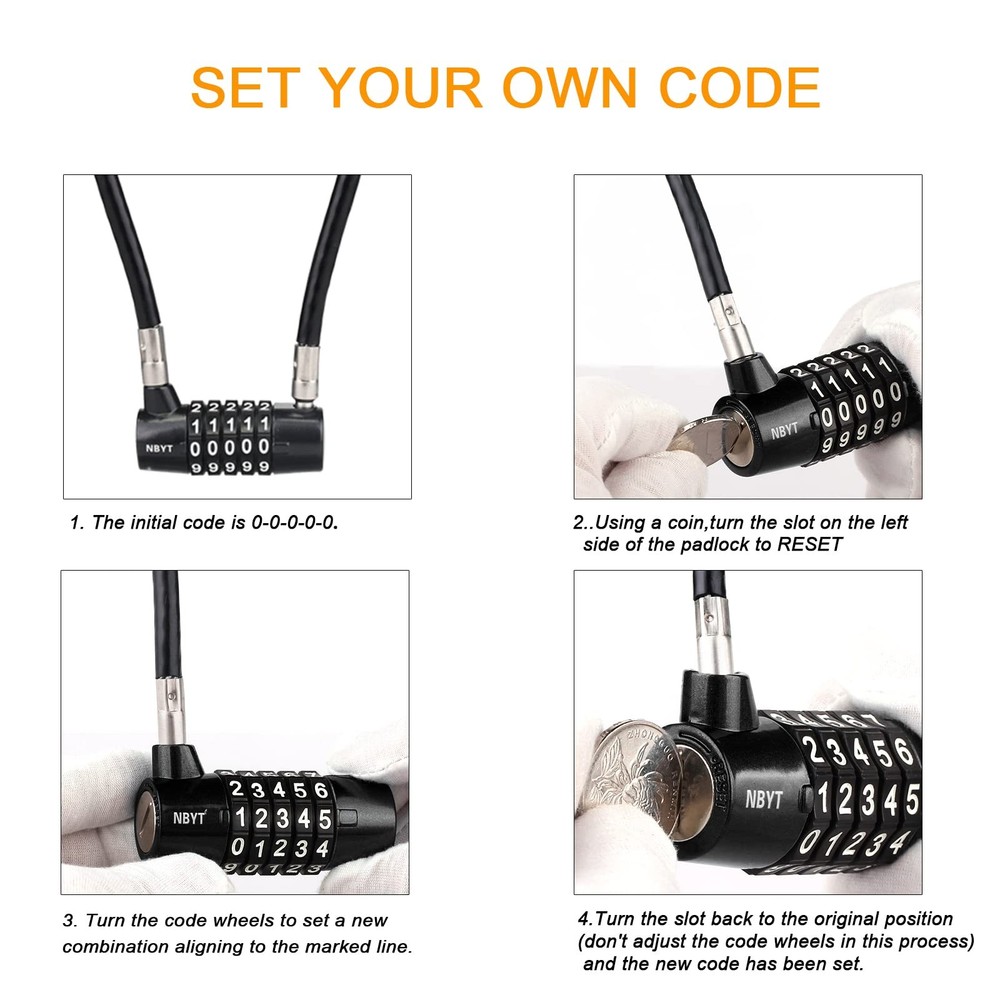 5-Digit Long Cable Locks with Combination Padlock,15" Length 5/16" Diameter,g...