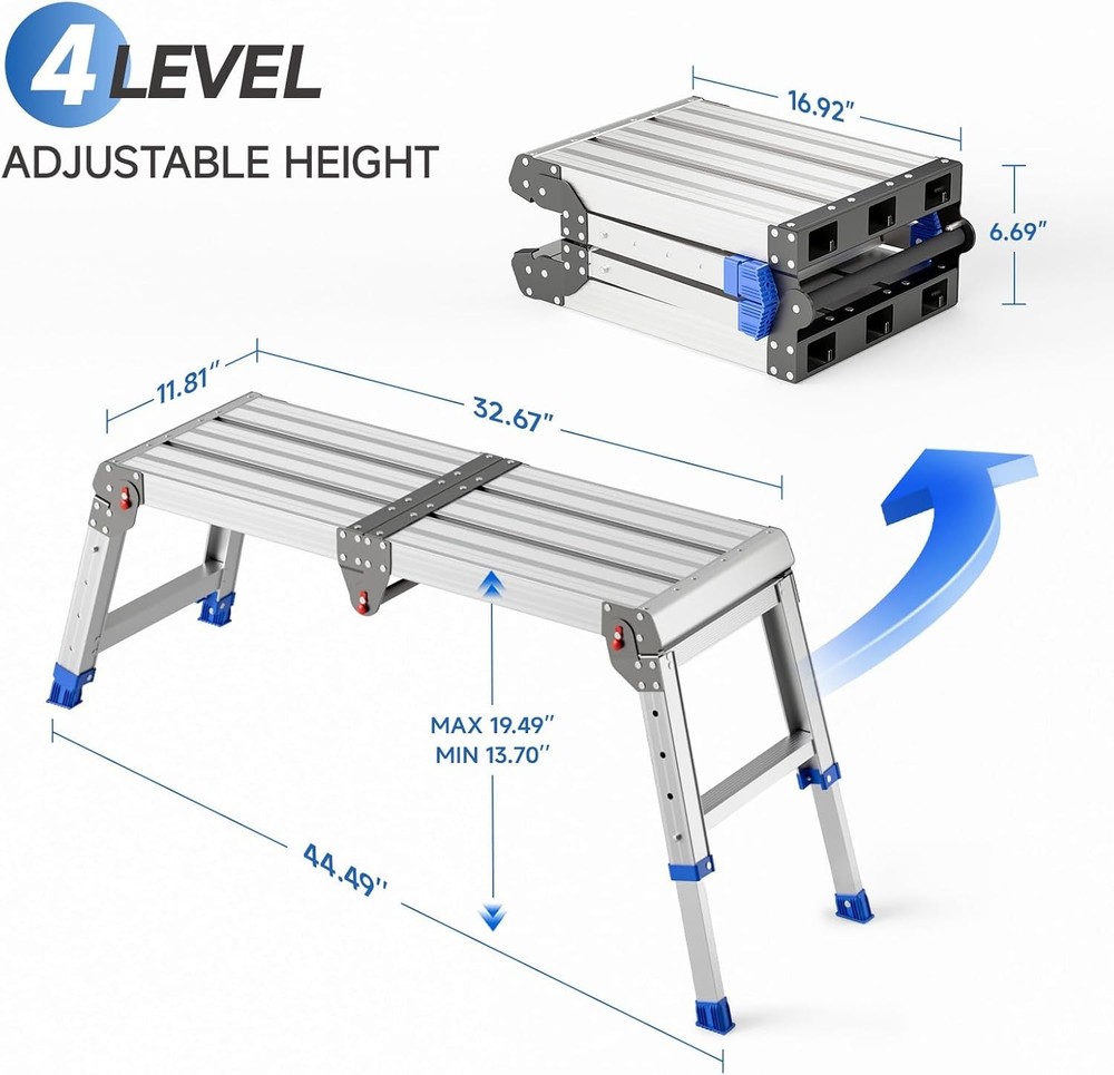 Folding Work Platform for Adults, Aluminum Foldable Step Stool Adjustable Height