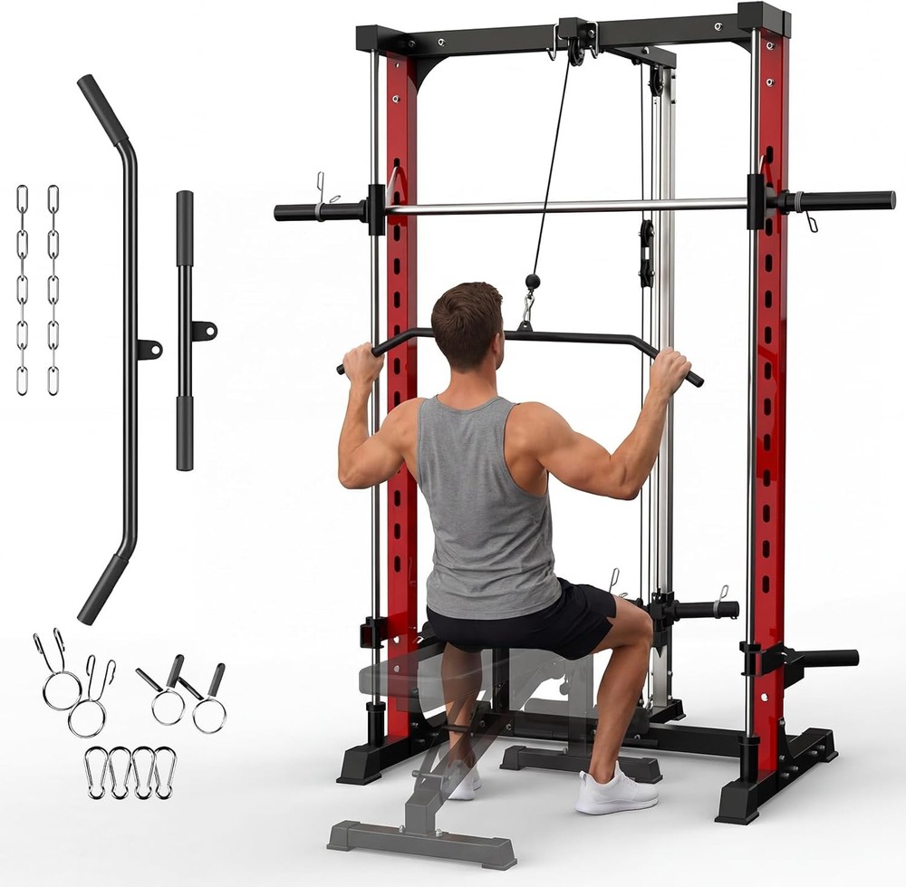 Smith Machine 1000LBS Multi-Functional Home Squat Rack W LAT-Pull Down System