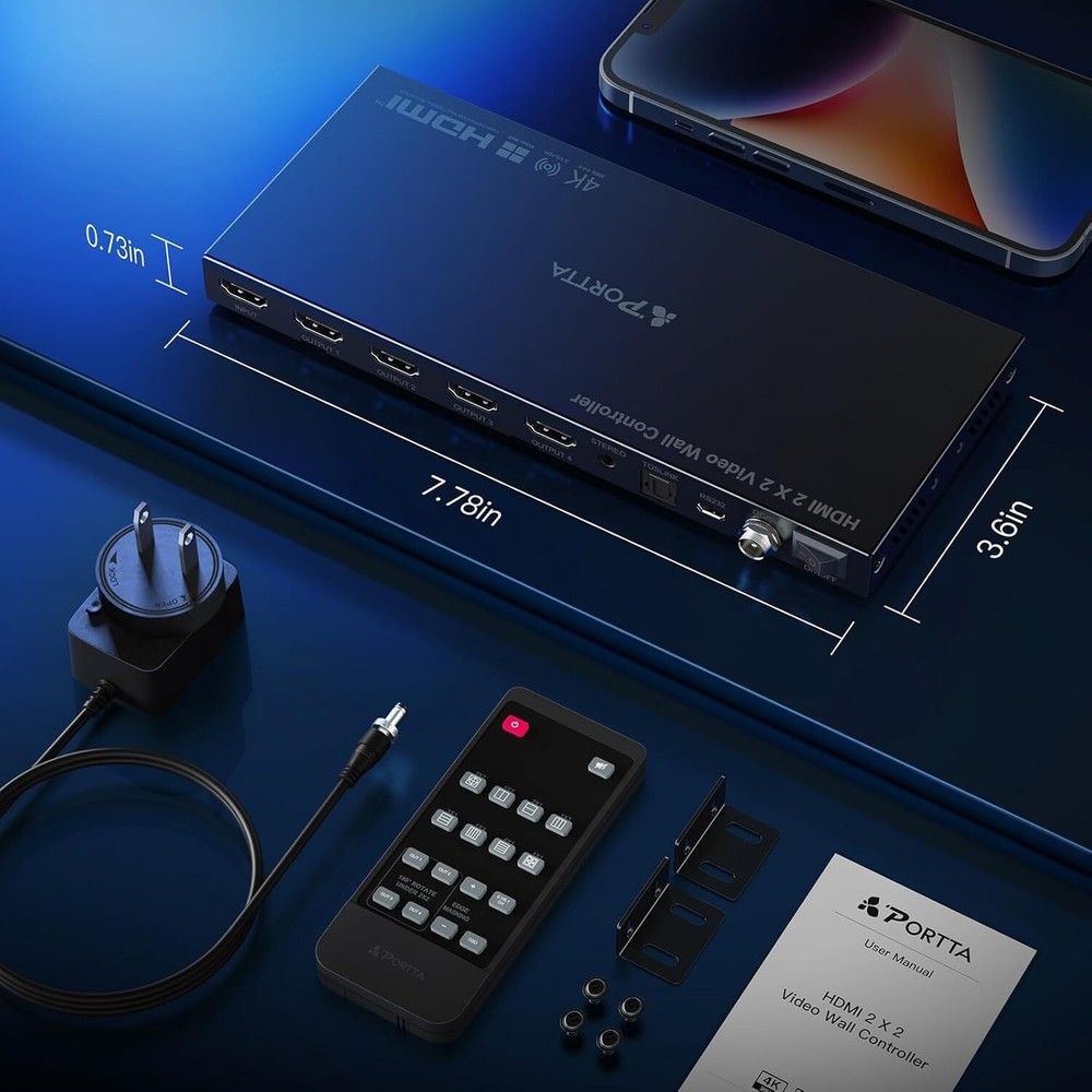 PORTTA HDMl Video Wall Controller 2x2 4K, Video Wall Processor w 11 Splicing 407