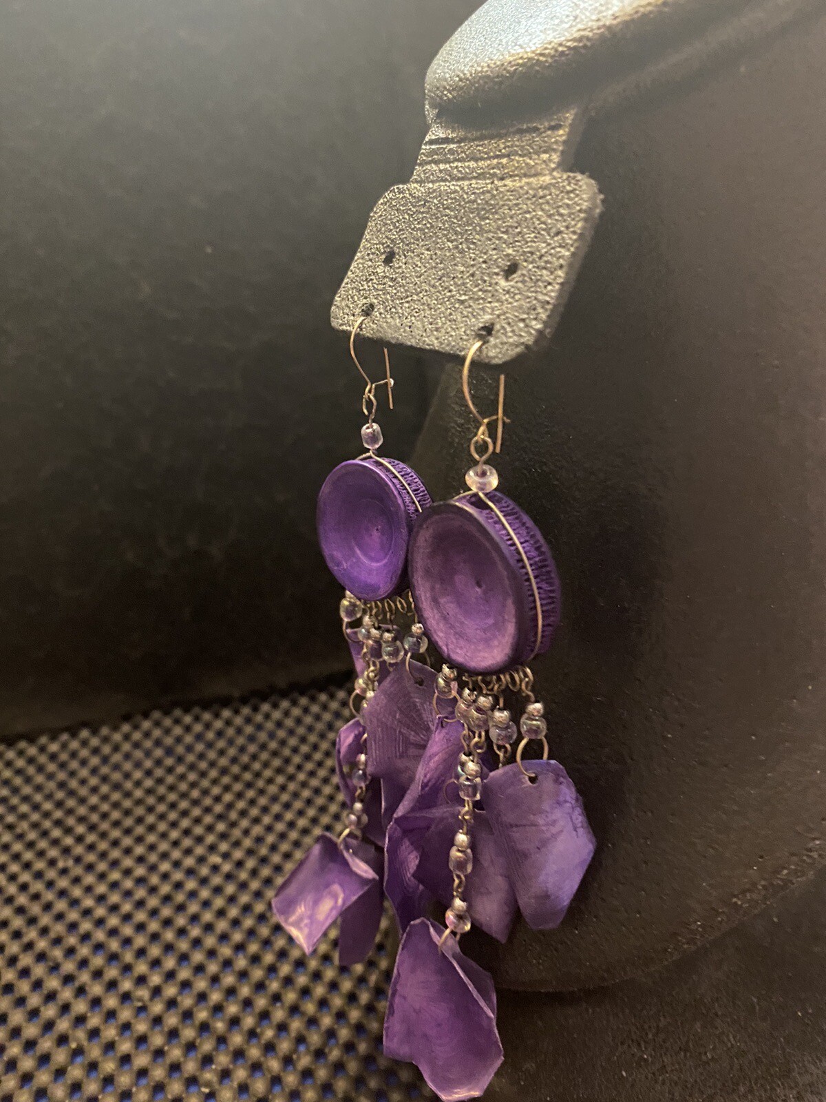 Artisan Purple Scales Leaf Shape On Round Sea Life Discs Dangle Beaded Earrings