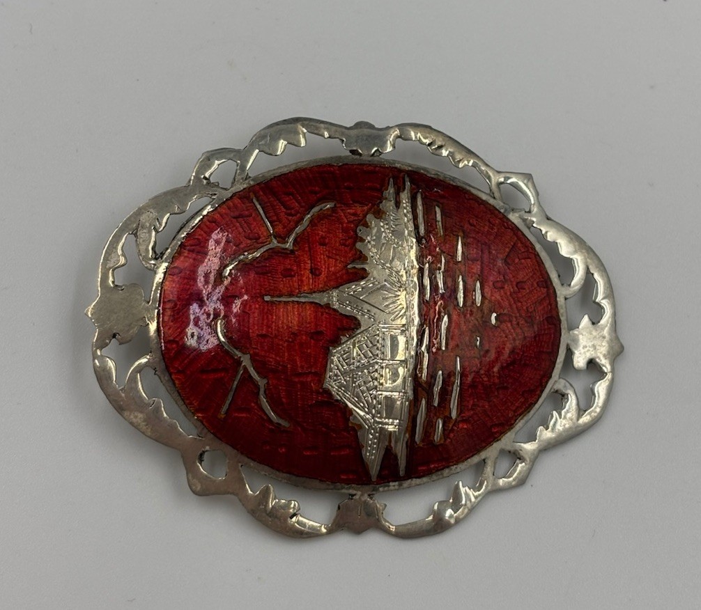 Vintage Siam 925 Sterling Silver Niello Red Enamel Temple Brooch