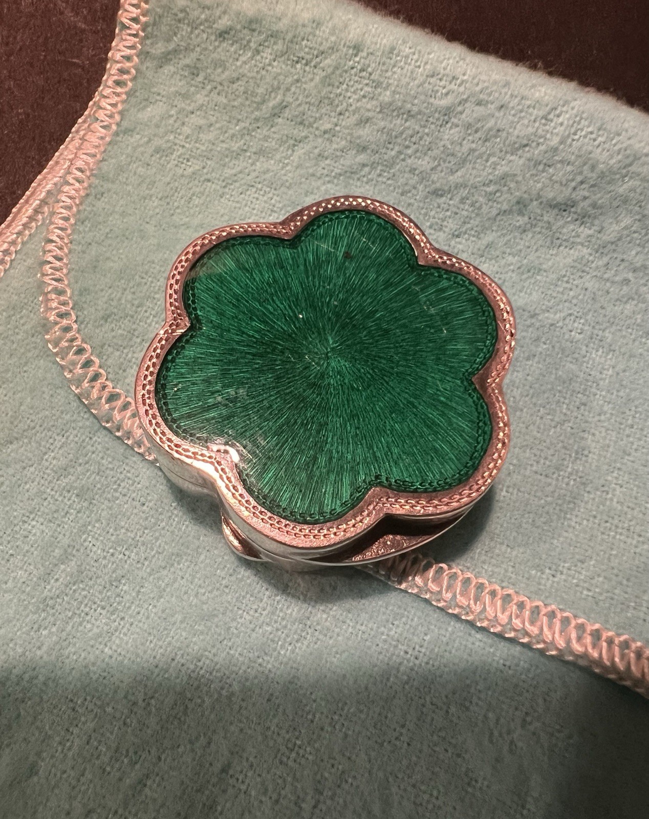 TIFFANY & Co. Green Enamel Sterling Silver Pillbox w/ Engraving  Italy Guilloche