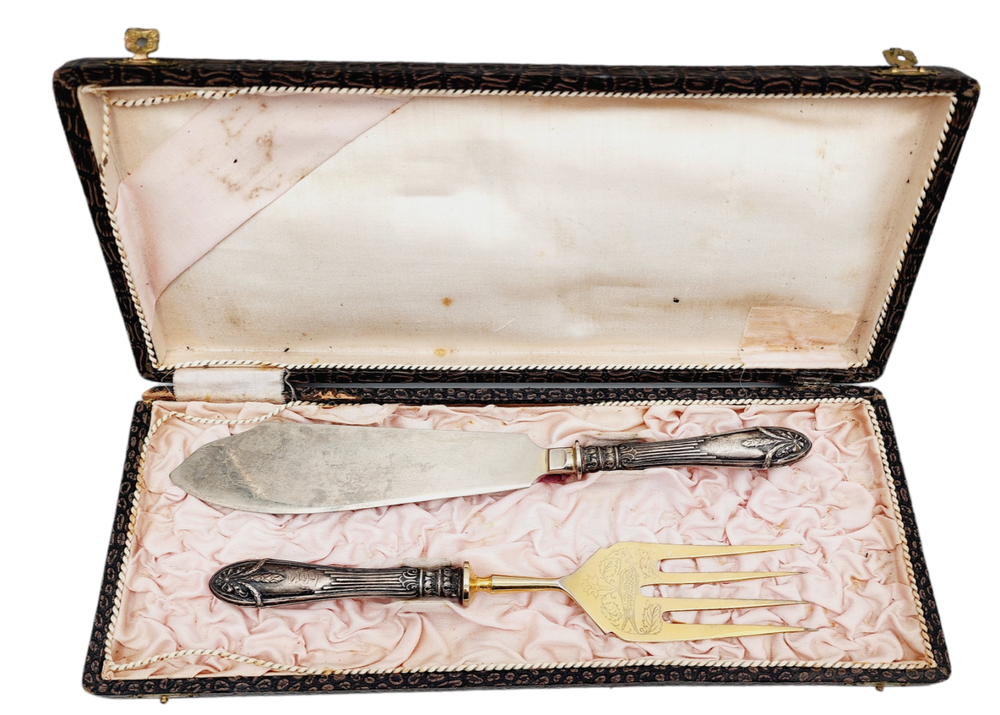Antique Russian 875 Solid Silver Fish Serving Set Fork Knife Neo Classic Design