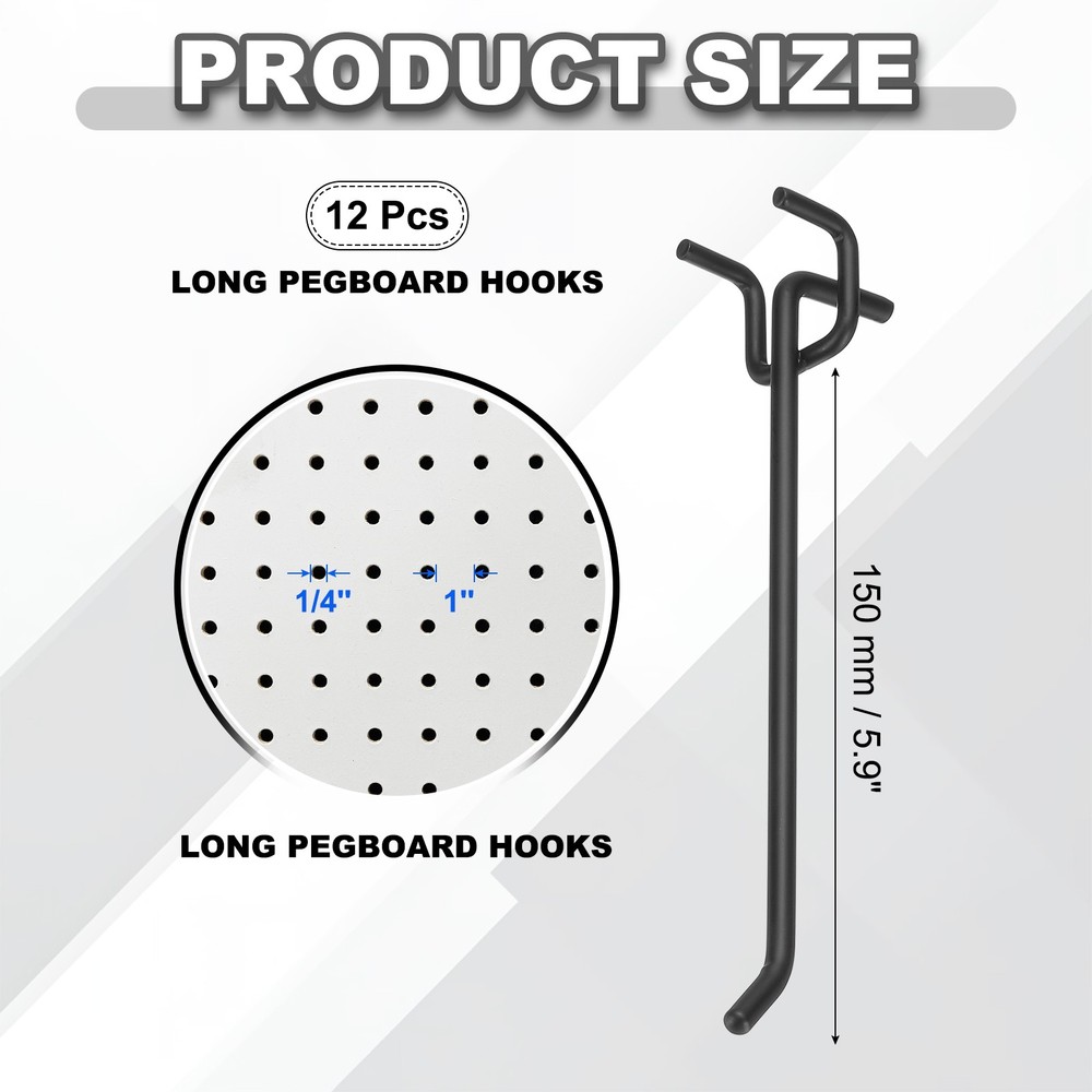 12 Pcs Pegboard Hooks, 5.9" Peg Board Hooks Kit, Black (1mm)