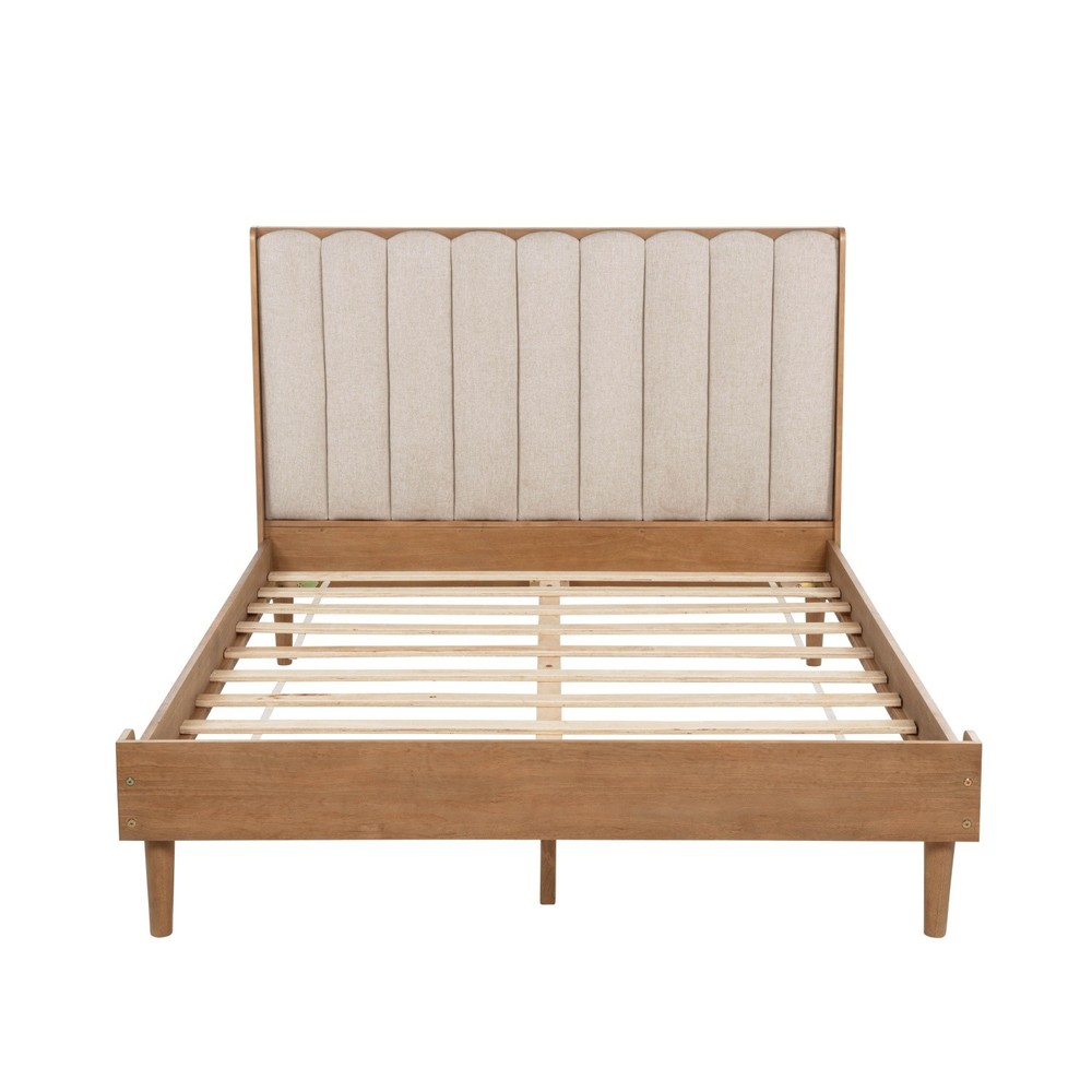 Queen/King Size Solid Wood Platform Bed Frame w/ Upholstered Headboard Wheat