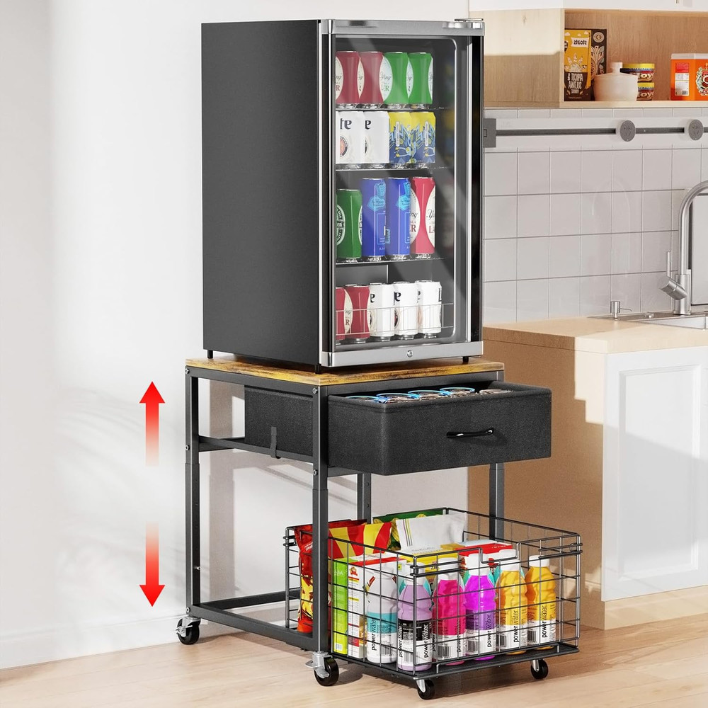 Mobile Mini Fridge Stand with Storage, Height-Adjustable Mini Beverage Fridge Ta