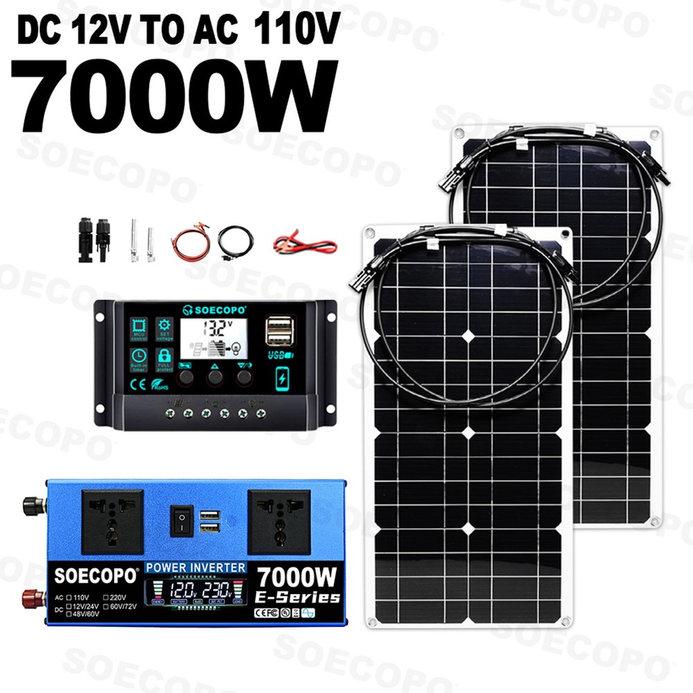 SOECOPO 7000W Peak Solar System Kit 2pcs Flexible Panel 100A Controller 12V/24Lu
