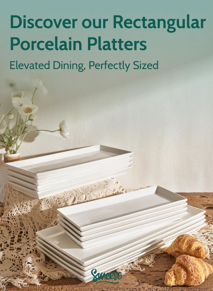 White Serving Platters, Porcelain Serving Trays for Parties, Large Rectangular