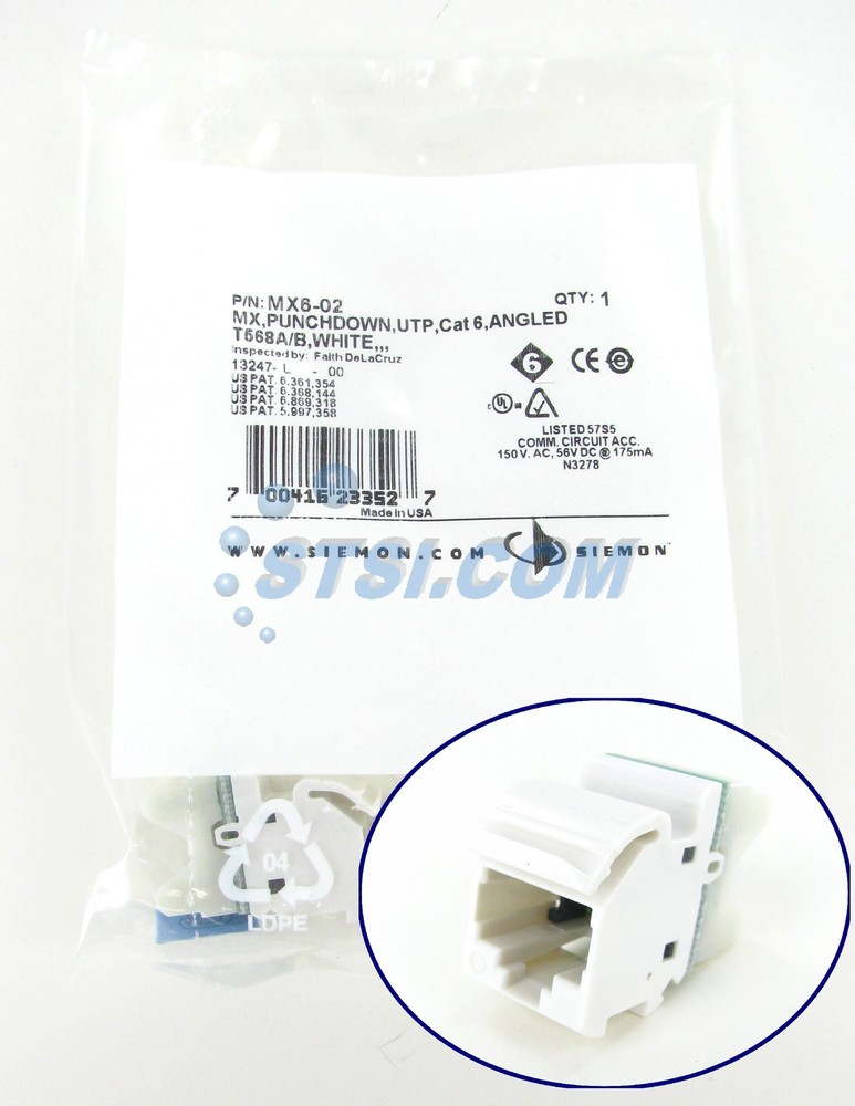 Siemon MX6-01 Max Cat6 RJ45 Angled Modular Jack, White ~STSI