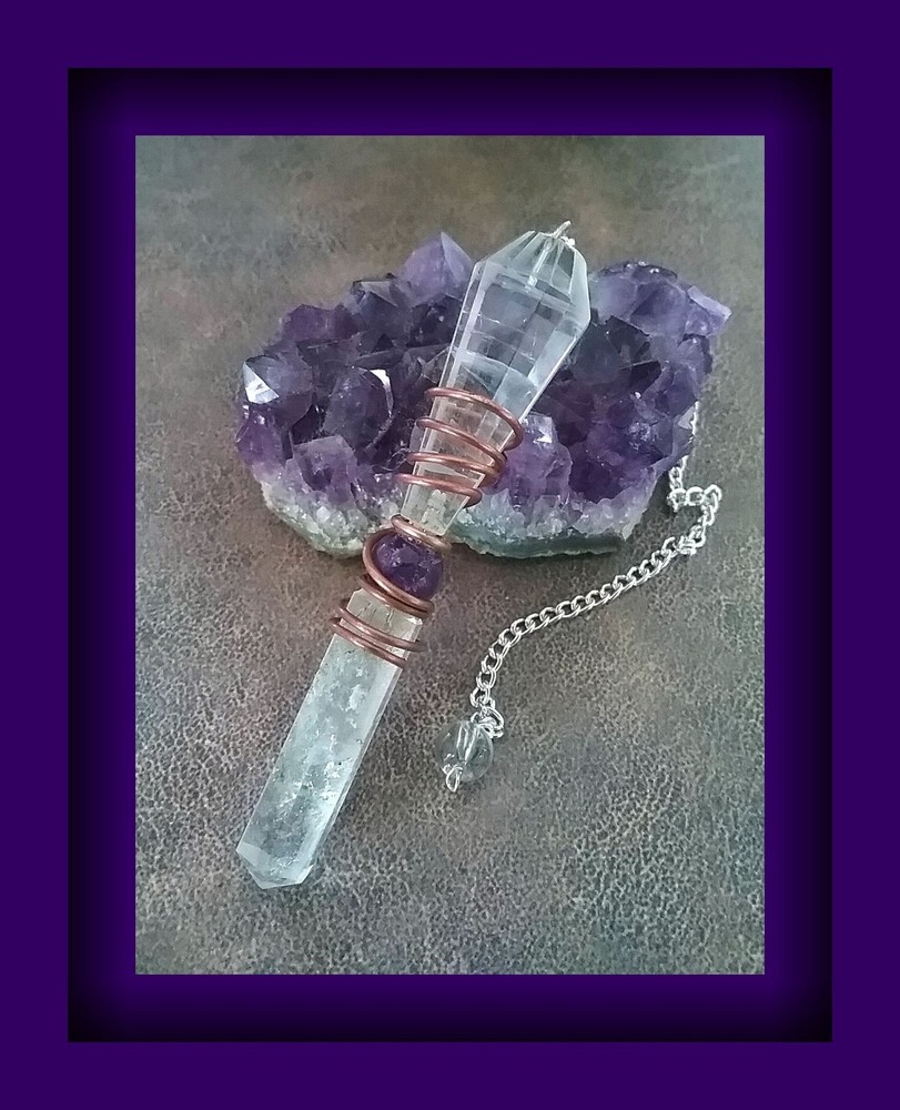 CRYSTAL QUARTZ Dowsing PENDULUM, Double Crystal Pendulum With Amethyst & Copper