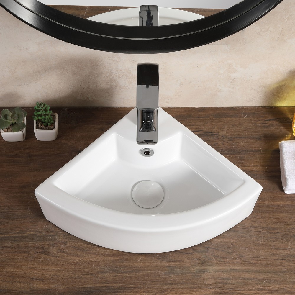 Small Wall Mount Corner Bathroom Sink with Overflow Triangle White Ceramic