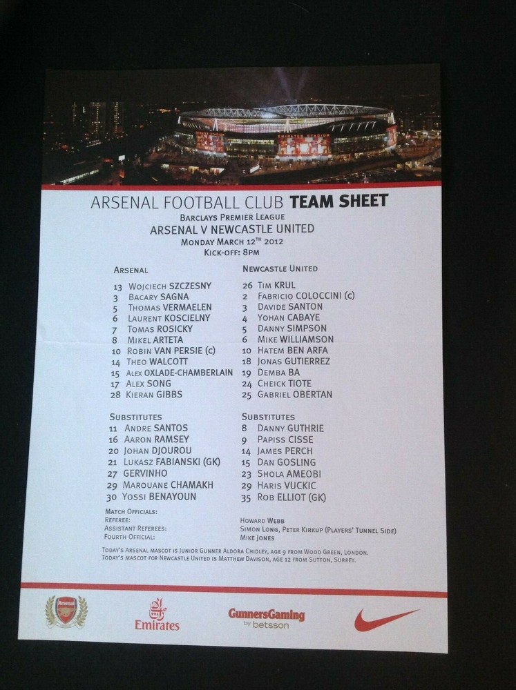 2011/12 Arsenal v Newcastle Utd teamsheet