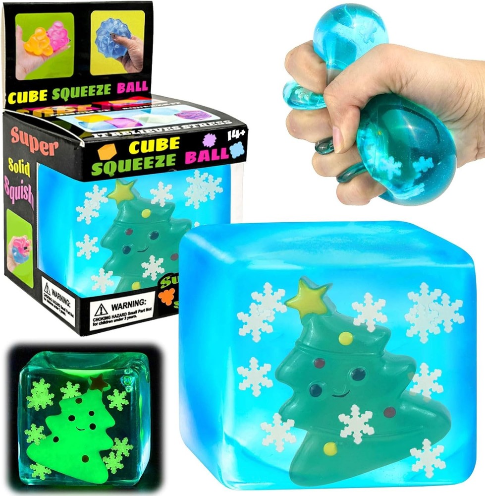 Blue Squeeze Cube with Luminous Hand Painted Christmas Tree Inside，Squishy Stres