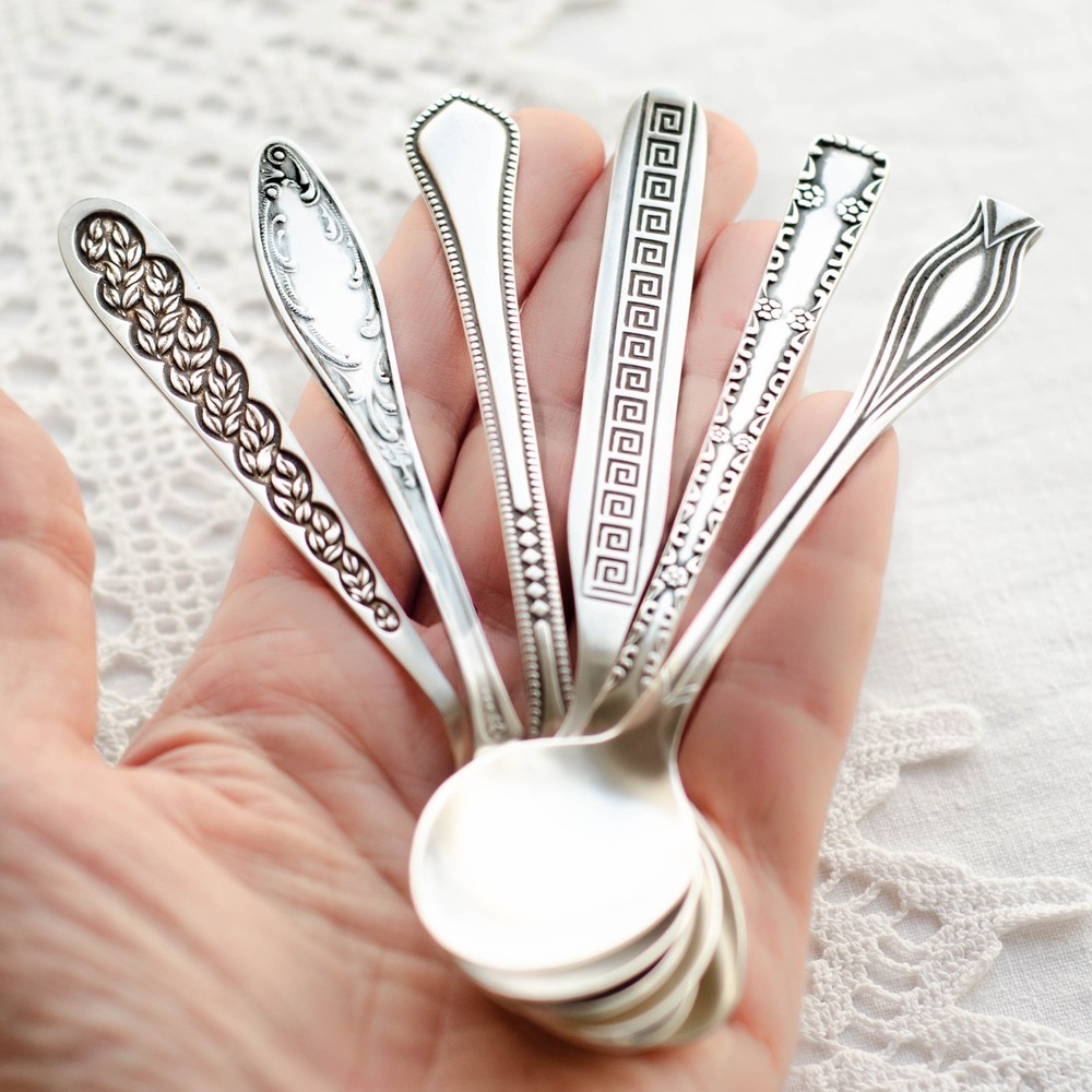Tea spoon mismatched flatware set Small spoons from USSR, Soviet flatware set