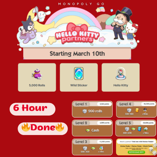 MO.POLY.GO - Hello Kitty Partners Full Carry / 80k Points 🔥  6 Hour  🔥
