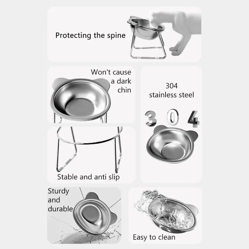Raised Cat Bowl Tilted 15° Stainless Steel Elevated Pet Food Dish