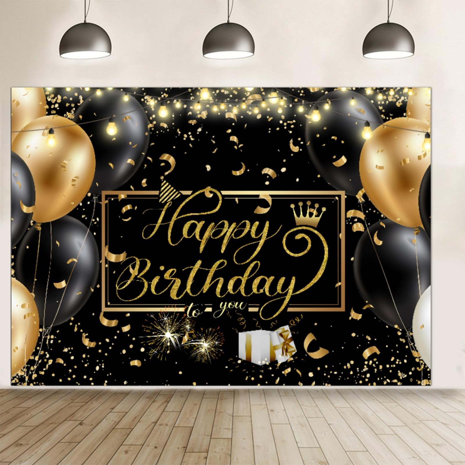 Black and Gold Birthday Backdrop Happy Birthday Backdrop Golden Sparkle Shini...