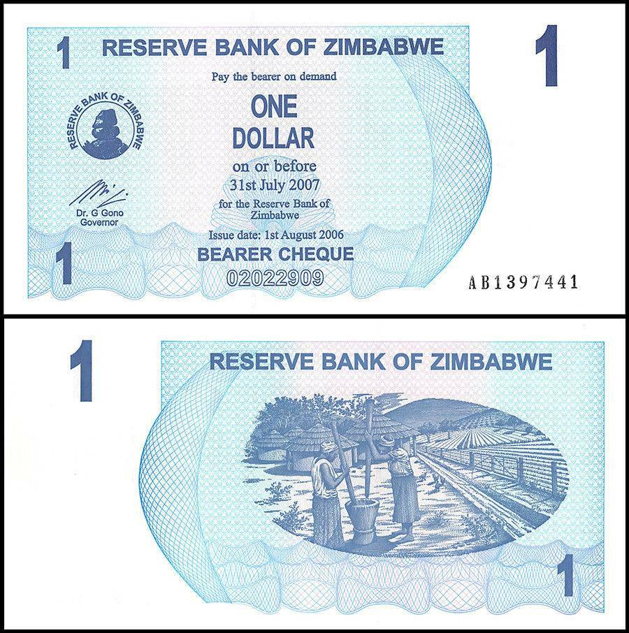 Zimbabwe 1 Dollar Bearer Cheque, 2006, P-37, UNC X 100 PCS Bundle Pack