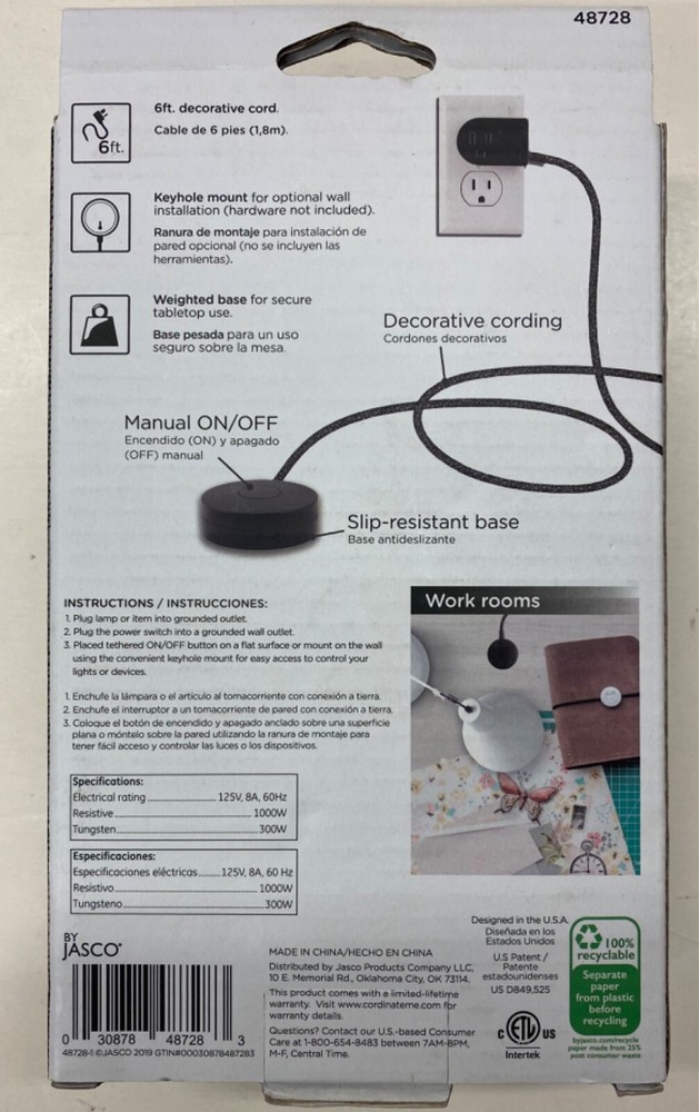 Decor Cordinate Tabletop Wall Mount Switch Plug w/ Braided Cord Black/White NEW