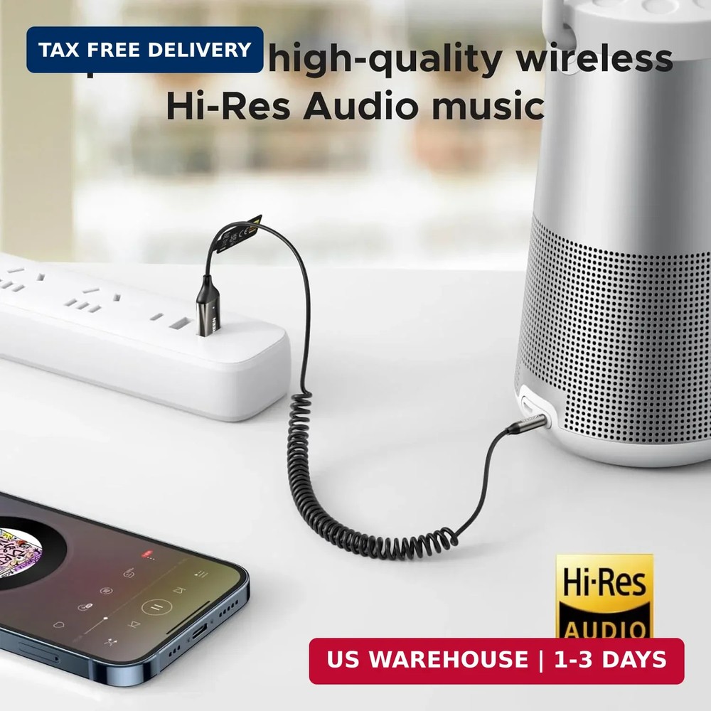 UGREEN Aux to Bluetooth 6.0 Car Adapter with LDAC, 3.5mm Aux Adapter Built-in Mi