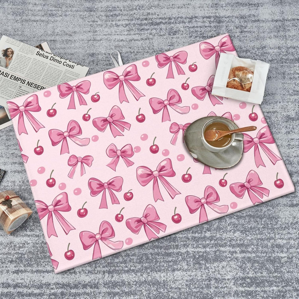 Dish Drying Mat for Kitchen Pink Bow Pattern Cherry Counter Absorbent Dishes