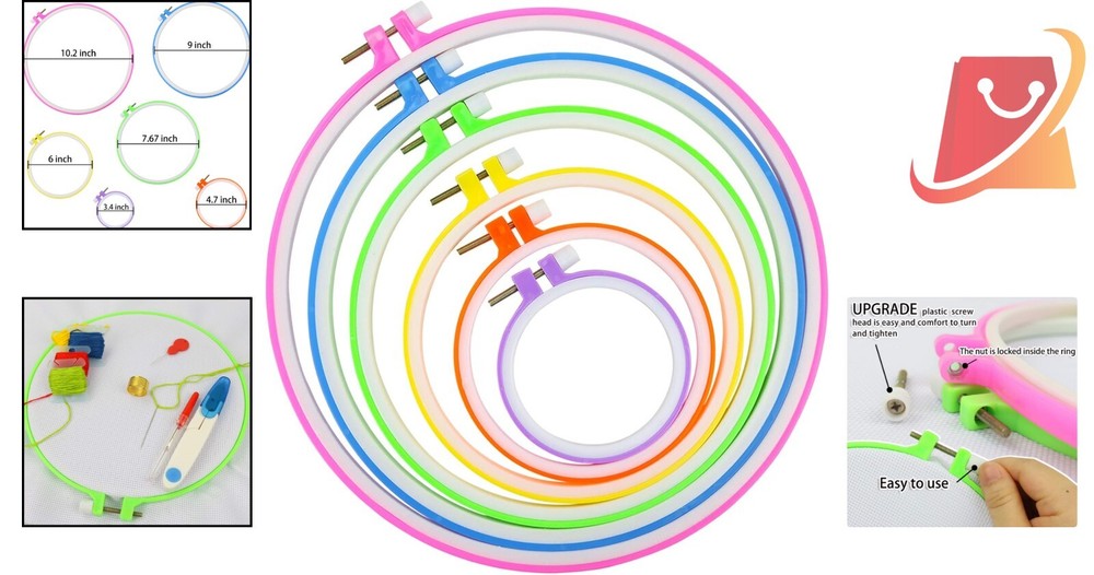 Adjustable Plastic Embroidery Hoop Set - 6 Multicolor Sizes for Easy Crafting