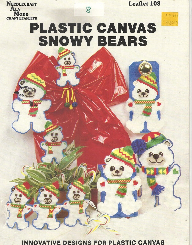 NEEDLECRAFT ALA MODE PLASTIC CANVAS SNOWY BEARS PATTERN LEAFLET 108 ©1989
