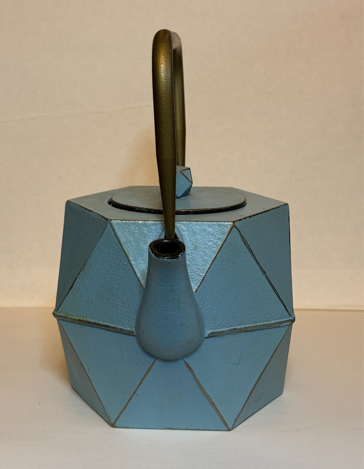 Japanese Tetsubin Cast Iron Blue Diamond Geometric Tea Kettle Stovetop w Infuser