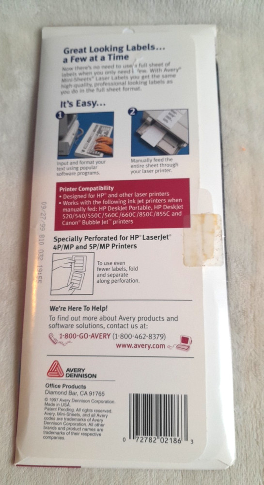 Vintage Avery 2186 Laser 3.5" Diskette Labels Mini-Sheets White