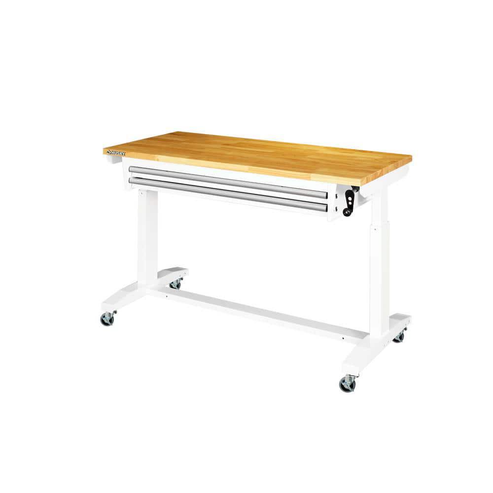 Husky Adjustable Height Workbench Table 52" Solid Wood Top 2-Drawer Steel Frame