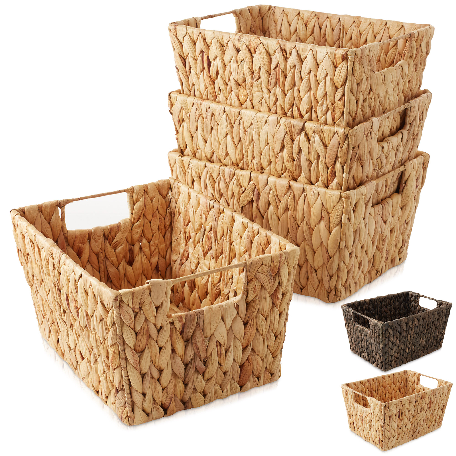 Set of 4 Hyacinth Storage Baskets with Handles 12x9x6, Wicker Bins for Shelves