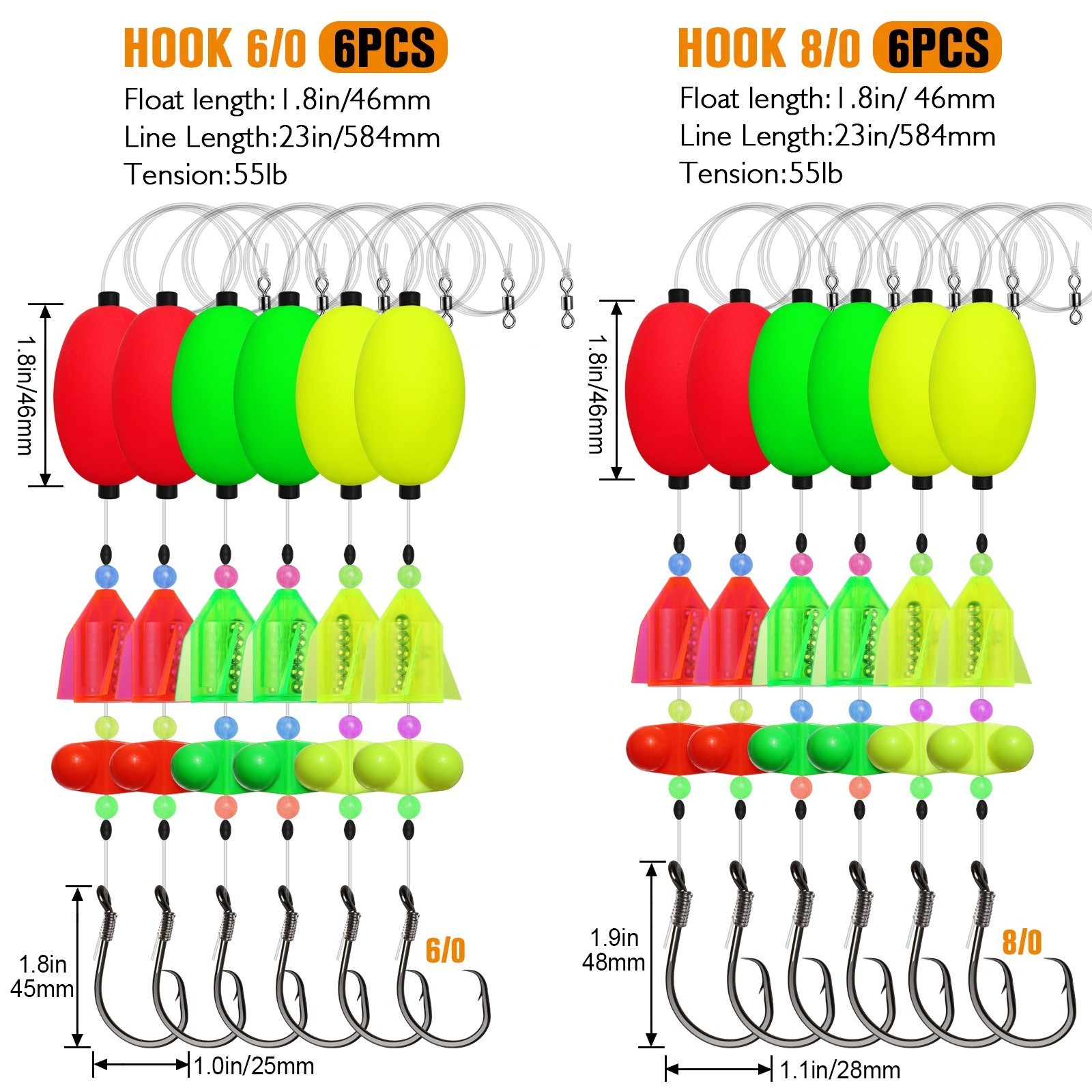 Dovesun 6PCS Catfish Rigs with Oval Float, 8/0 Hook, Double Rattle Beads & Bells