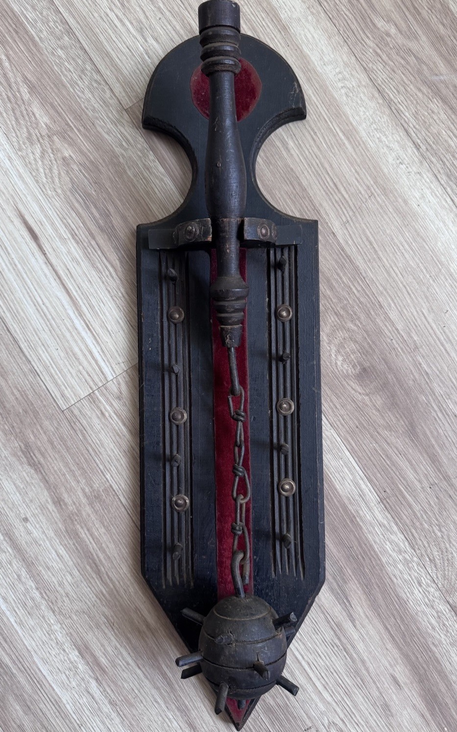 1960 Medieval Mace & Flail Wall Decor Wood Plaque Removable Weapon Vintage