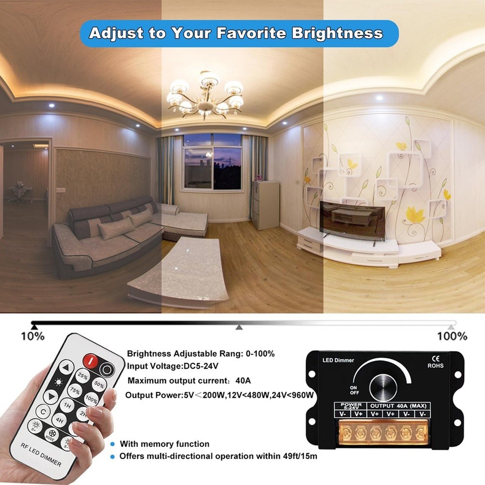 12v LED Dimmer with Remote Control &Timer Function, DC 5-24V 40A Aluminum5286