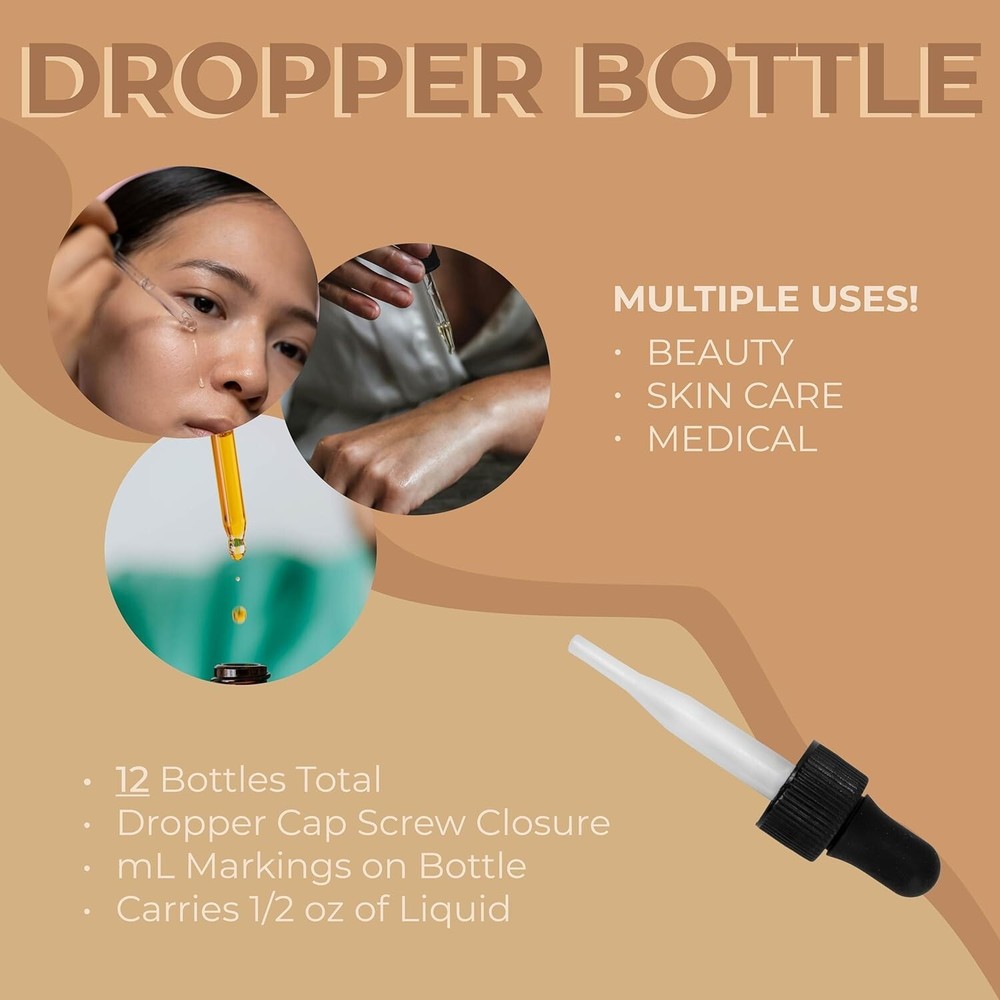 Amber Plastic Dropper Bottle, 1 oz, 12/Box