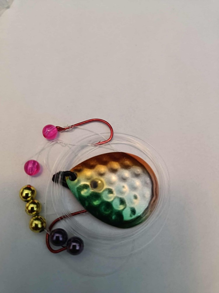 Walleye Crawler Harness 2-red hooks (orange/green/silver) copper back