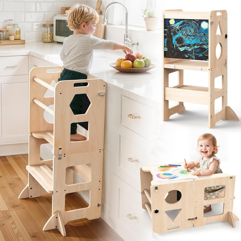 4-in-1 Toddler Kitchen Step Stool, Foldable Learning Standing Tower，Kitchen