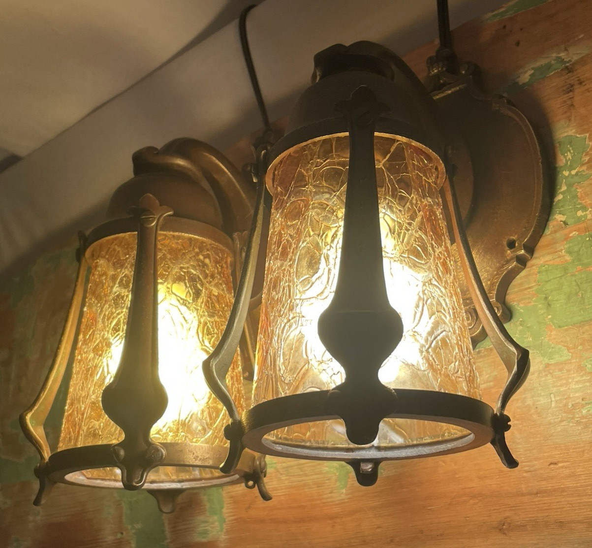 RESTORED Pair Antique Vtg Tudor Arts Crafts Wall Sconces Amber Glass Porch Light