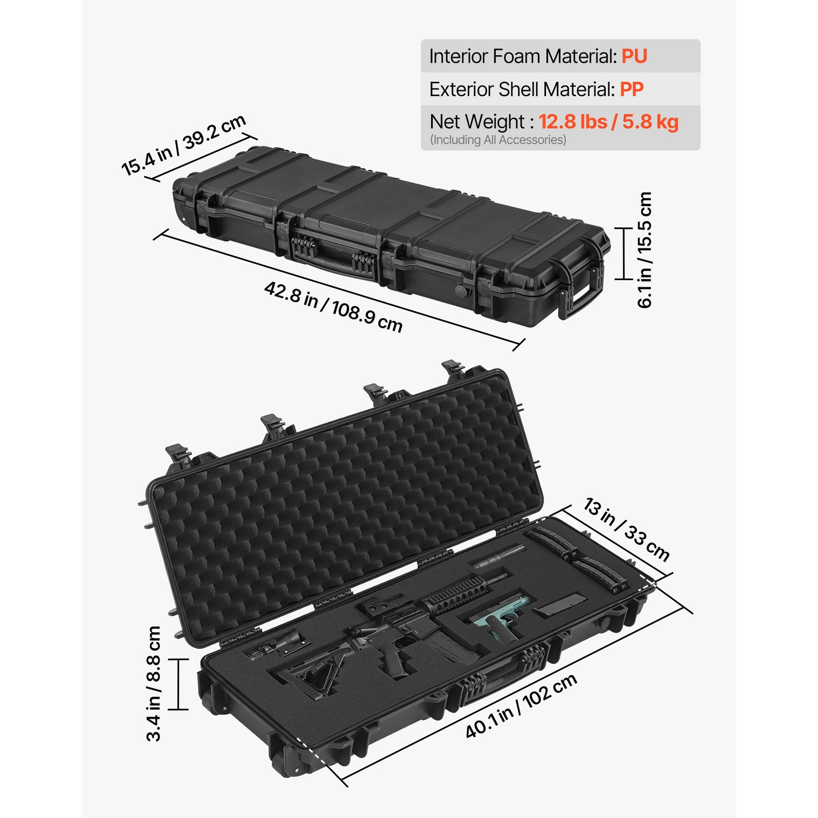 Uimoso Hard Rifle Case IP67 Waterproof Gun Storage with Customizable Foam Black