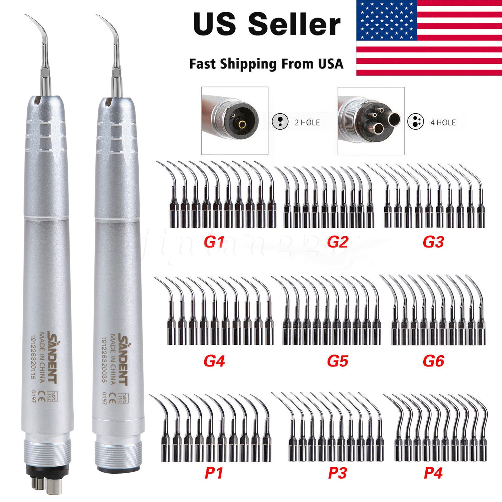 Dental Ultrasonic Air Perio Scaler Handpiece Hygienist 2/4 Hole With 3 Tips USA