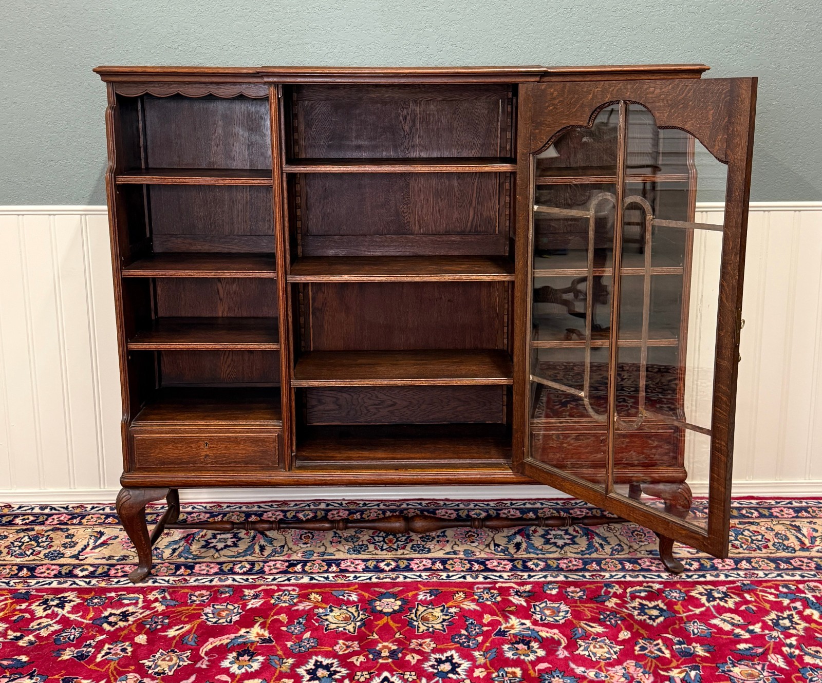 Antique English Bookcase Bookshelf Cabinet Glass Oak Queen Anne Legs 1920s-30s