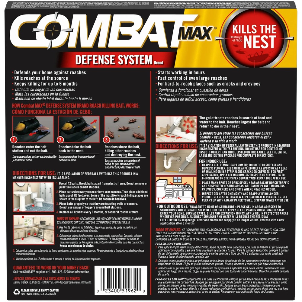 2 PACK Combat Max Defense System Roach Killing Bait & Gel 24 Stations Total